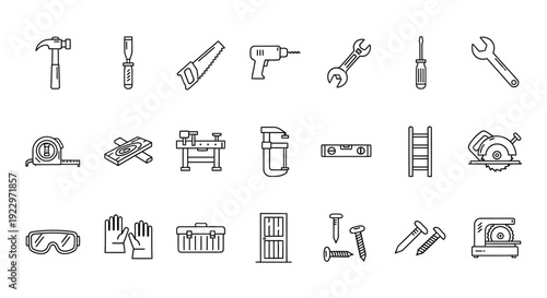 Collection of black and white line art icons depicting various tools