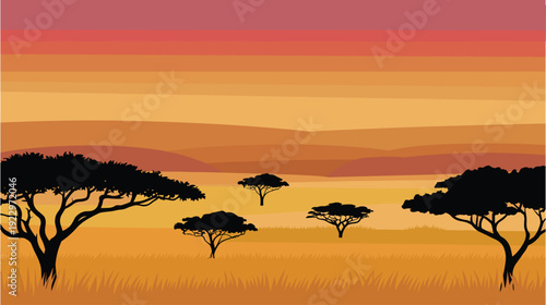 African savanna landscape at sunset with acacia tree silhouettes field