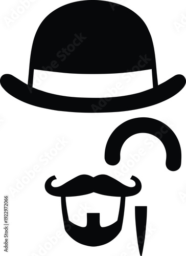 Gentleman face silhouette, vintage fashion icon, monocle mustache graphic, bowler hat illustration, classic style design element, retro character vector artwork