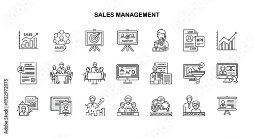 Sales management icons set strategy teamwork analysis and presentations