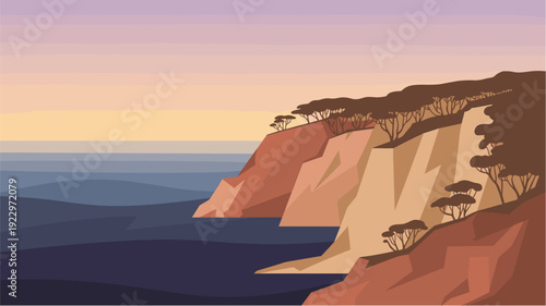 Evening dusk at coastal cliffs overlooking dark deep blue ocean water