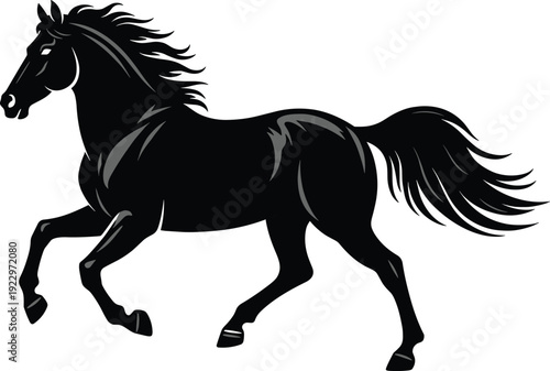 Galloping horse silhouette illustration, equine vector artwork, animal motion design, dynamic strength graphic, freedom symbol icon, black white artwork