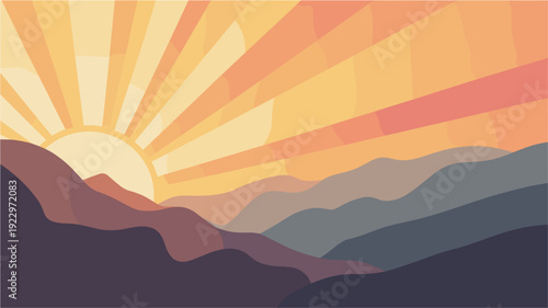 Dramatic mountain sunrise with vibrant sunbeams and colorful sky