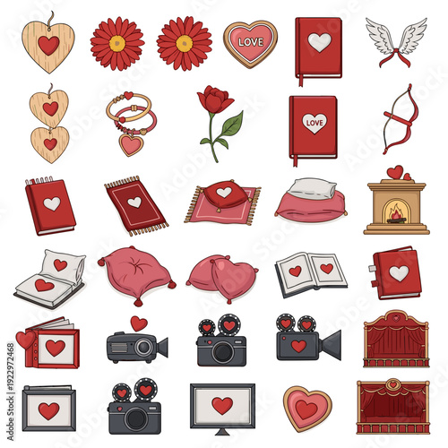 Collection of various valentines day icons and symbols in red and pink hues