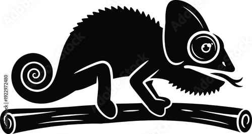 Chameleon silhouette illustration, reptile graphic icon, stylized lizard artwork, exotic animal design element, curled tail vector, wildlife nature symbol