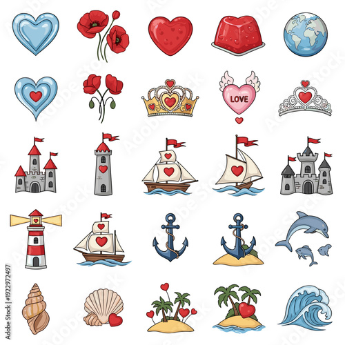A set of cute nautical and love themed icons including hearts, boats, and anchors