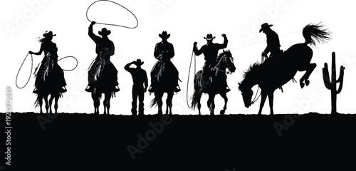 Cowboy silhouette illustration, horse riding graphic, Western culture icon, desert cactus artwork, lasso action vector design, rugged lifestyle symbol