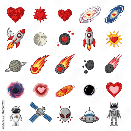 A collection of cute cartoon space and heart themed stickers