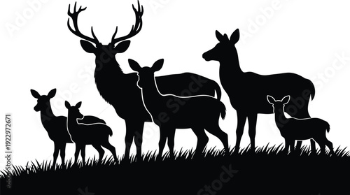 Deer family silhouette illustration, stag doe fawn artwork, wildlife vector design, forest animal graphic, nature meadow icon, black white symbol