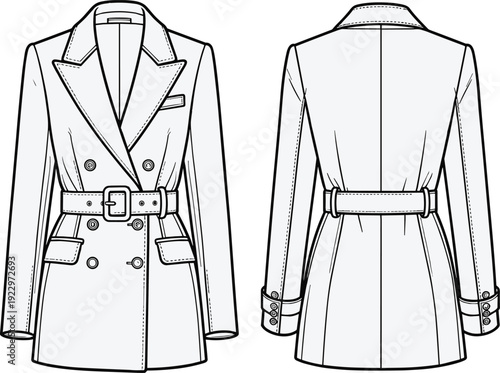 Double-breasted coat fashion illustration, garment technical drawing, tailored jacket sketch, apparel front back view, clothing vector artwork, structured silhouette