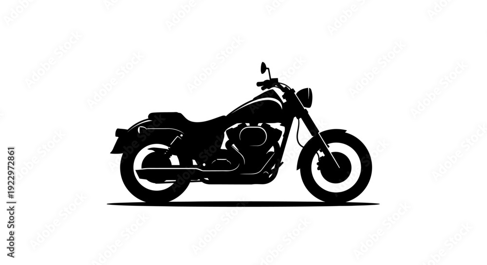 Fototapeta premium Classic black motorcycle with detailed engine and wheels, symbolizing freedom and the open road, isolated white background.