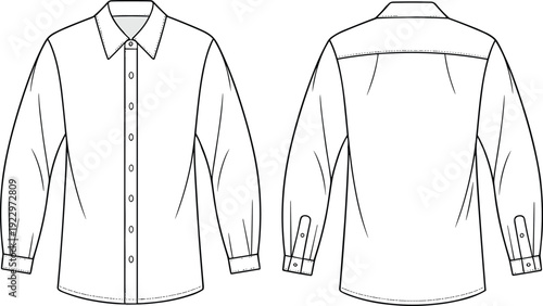 Flat vector technical sketch of men’s formal button-up shirt with long sleeves, classic collar, back yoke, cad fashion drawing