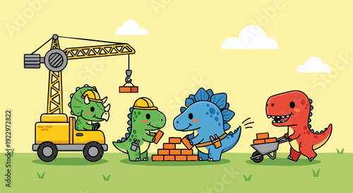 Cute cartoon dinosaurs building a brick wall with construction crane and wheelbarrow on green grass
