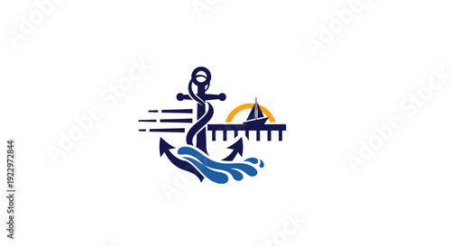 Marine Port Logistics Concept with Anchor, Waves, and Bridge Cityscape in Blue and Yellow Design, in Bright Studio