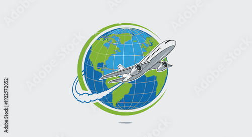 Airplane flying around a green and blue globe, symbolizing global travel, international connection, and logistics, in bright studio.