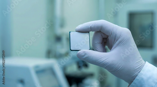 Close-up of a hand in a sterile glove holding a modern blank computer processor in a cleanroom laboratory.