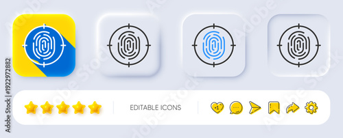 Fingerprint line icon. Neumorphic, Flat shadow, 3d buttons. Finger print target sign. Biometric identity symbol. Line fingerprint icon. Social media icons. Vector