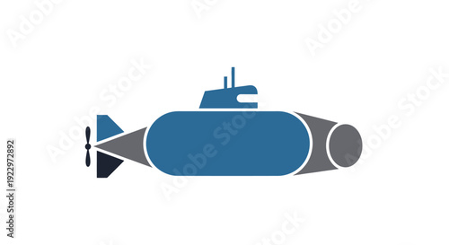 Cartoon blue submarine with a periscope and propeller, symbolizing underwater exploration, isolated white background.