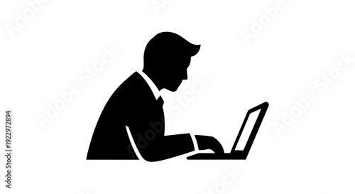 Silhouette of a focused man working diligently on a laptop computer, representing productivity, isolated white background.