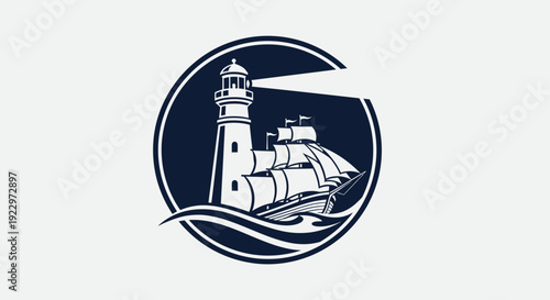 Nautical emblem with classic lighthouse and sailing ship on waves, symbolizing guidance and adventure, isolated white background.