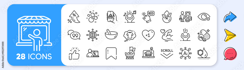 Fototapeta premium Bid offer, Market seller and Strong arm line icons. Interest rate, AI generate, Inflation icons. Pack of Waterproof, Food app, Money profit icon. Furniture, T-shirt, Cooking mix pictogram. Vector