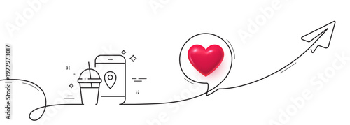 Food delivery app line icon. Continuous line with share plane. Contactless meal order sign. Grocery phone application symbol. 3d heart in speech bubble. Food app single line ribbon. Vector