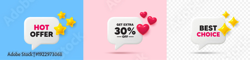 Extra discount chat speech bubble. 3d stars, sparkles, hearts chat bubbles. Get Extra 30 percent off Sale. Discount offer price sign. Special offer symbol. Save 30 percentages. Vector