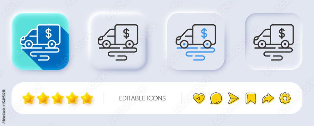 Fototapeta premium Cash transit line icon. Neumorphic, Flat shadow, 3d buttons. Money collector truck sign. Cash collection machine symbol. Line cash transit icon. Social media icons. Vector