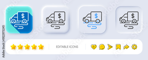 Cash transit line icon. Neumorphic, Flat shadow, 3d buttons. Money collector truck sign. Cash collection machine symbol. Line cash transit icon. Social media icons. Vector