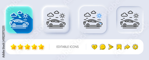 Car travel line icon. Neumorphic, Flat shadow, 3d buttons. Trip transport sign. Holidays vehicle symbol. Line car travel icon. Social media icons. Vector