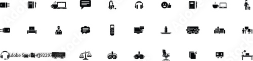 Workshop icon set . including Laptop, Headset, Notebook, Suitcase, Remote, Bottle, Sofa, Monitor, VR, Chair  vector silhouette illustration.
