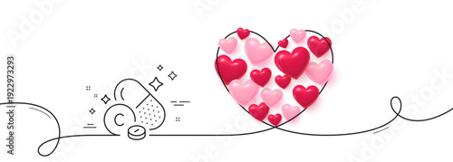 Vitamin C line icon. Continuous line big heart. Ascorbic acid food nutrient sign. Capsule or pill supplement symbol. 3d hearts in heart shaped loop. Vitamin C single line ribbon. Vector