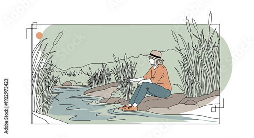 Woman Fishing by Calm River Surrounded by Reeds, Relaxing Nature Scene