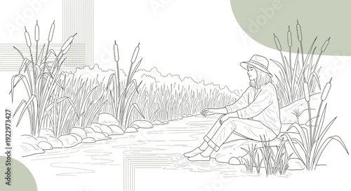Woman Fishing by River with Cattails and Reeds Line Art