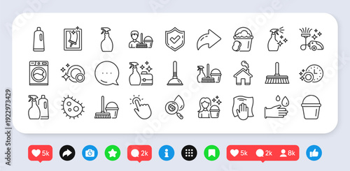 Cleaning line icons. Social media: share, comment, like icons. Laundry, Vacuum cleaner and Window sponge icons. Washing machine, Housekeeping service and Maid cleaner equipment. Vector