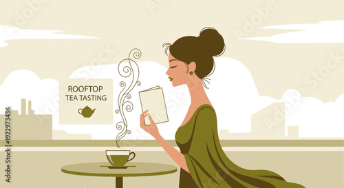 Woman enjoying rooftop tea tasting with city view, elegant leisure and relaxation