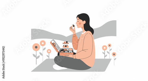 Woman Enjoying Sweet Pastries on a Picnic Blanket Surrounded by Flowers