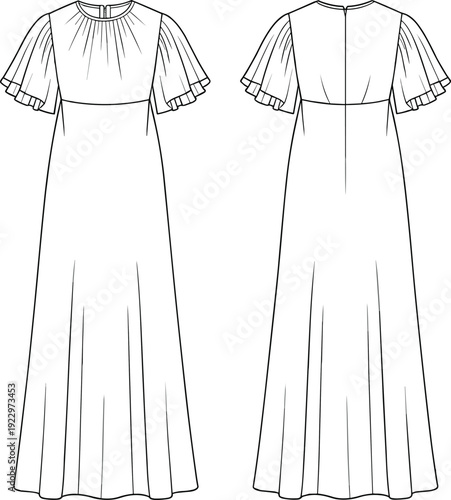 Flutter sleeve maxi dress fashion cad drawing, elegant gown flat sketch, technical vector illustration, front and back view design