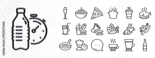 Croissant, Beer bottle and Vegetable line icons for web app. Glare of light effect. Message icon. Pack of Chef, Fitness water, Pizza pictogram icons. Cooking hat, Burger, Champagne glass signs. Vector