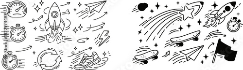 Creative doodles of rockets, skates, and clocks showing motion and speed in a fun design