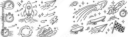 Creative doodles of rockets, skates, and clocks showing motion and speed in a fun design