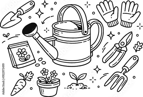 Gardening tools and supplies for planting and caring for flowers and vegetables in a backyard garden setting