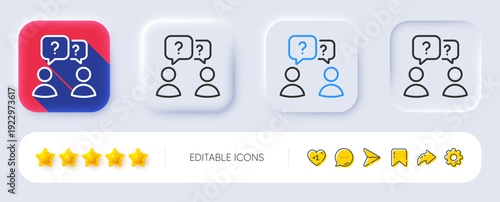 Teamwork questions line icon. Neumorphic, Flat shadow, 3d buttons. Ask help sign. Support problem symbol. Line teamwork questions icon. Social media icons. Vector