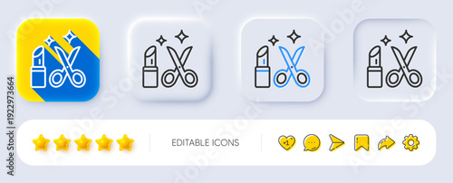 Beauty salon line icon. Neumorphic, Flat shadow, 3d buttons. Haircut scissors and lipstick sign. Makeup service symbol. Line beauty icon. Social media icons. Vector
