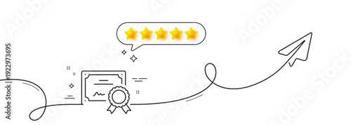 Certificate line icon. Continuous line with share plane. Certified document sign. Medal or stamp symbol. Five star rate review in speech bubble. Certificate single line ribbon. Vector
