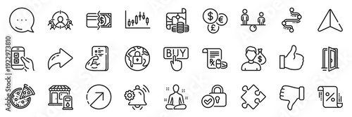 Direction, Equity and Lock line icons pack. Share, Message, Paper plane icons. Loan percent, Open door, Dislike hand web icon. Candlestick graph, Notification bell, Money currency pictogram. Vector