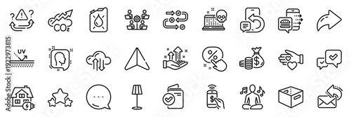 Attention, Canister and Phone payment line icons pack. Share, Message, Paper plane icons. Home charging, Teamwork, Floor lamp web icon. Phone message, Cloud sync, Head pictogram. Vector