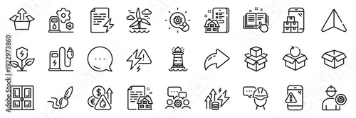 Engineer, Lease contract and Opened box line icons pack. Share, Message, Paper plane icons. Brush, Fuel price, Charging station web icon. Eco power, Mobile inventory, Lighthouse pictogram. Vector