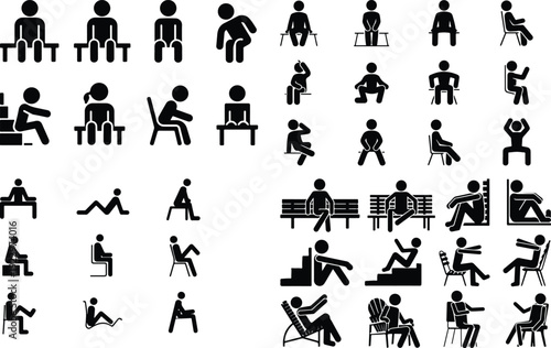 Sitting Postures Stick Figure Silhouette Icon Set 