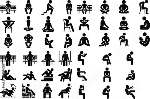 Sitting Postures Stick Figure Silhouette Icon Set 